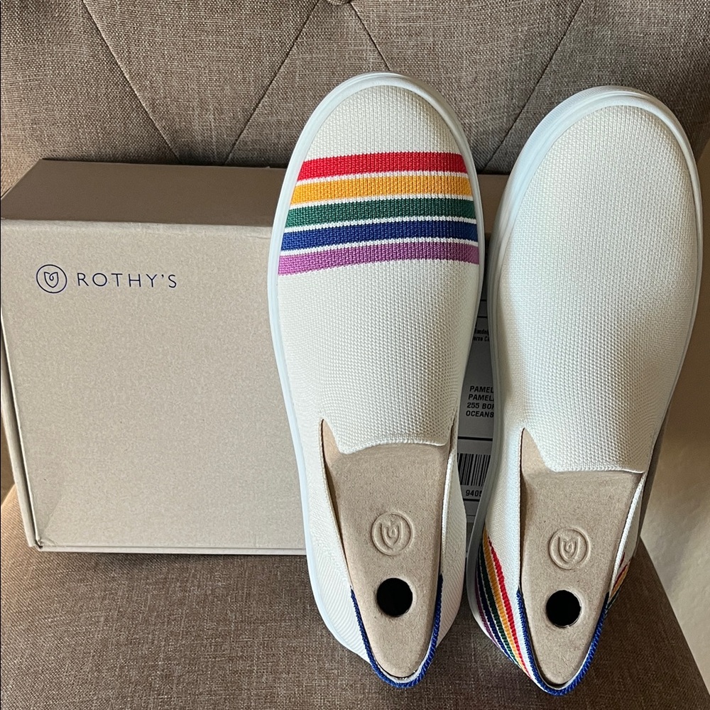 Rothy's Cream Slip-On Shoes with Multicolor Stripes